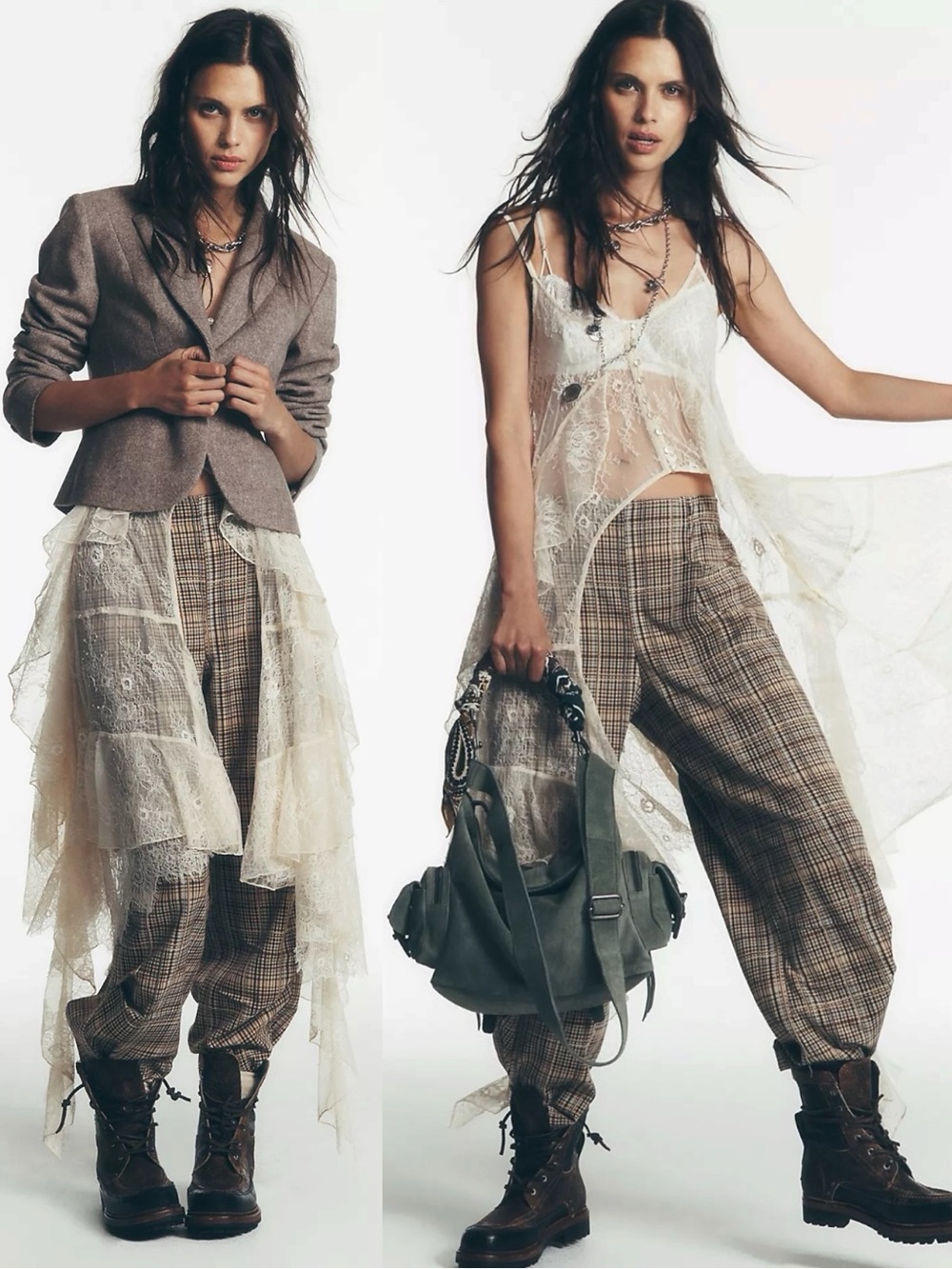 Free People Grunge 90s Bohemian Nice Choice Plaid Pull On Barrel Pants Large NWT